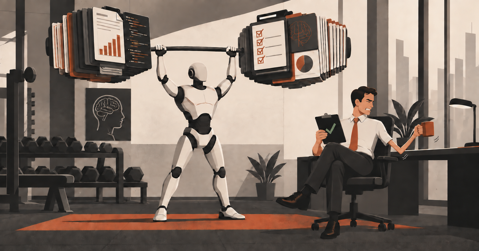 An AI machine lifts a huge barbell made from reports, code and decisions while a knowledge worker strains to lift one coffee mug with a visibly atrophied arm.